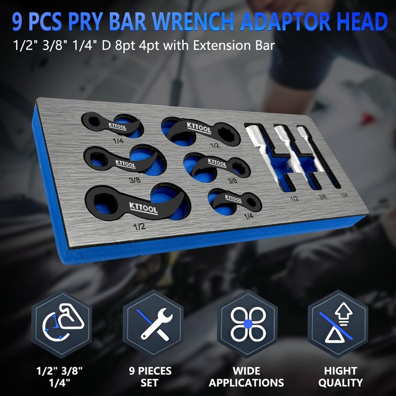 KTTOOL Store 9 Pcs Pry Bar Wrench Adaptor Head Set, Crowbar Adapter Head Tool, Half Shaft Removal Car Repairing Tools 1/2" 3/8" 1/4" D 8pt 4pt (Square) Profile, with Extension Bar - Image 2